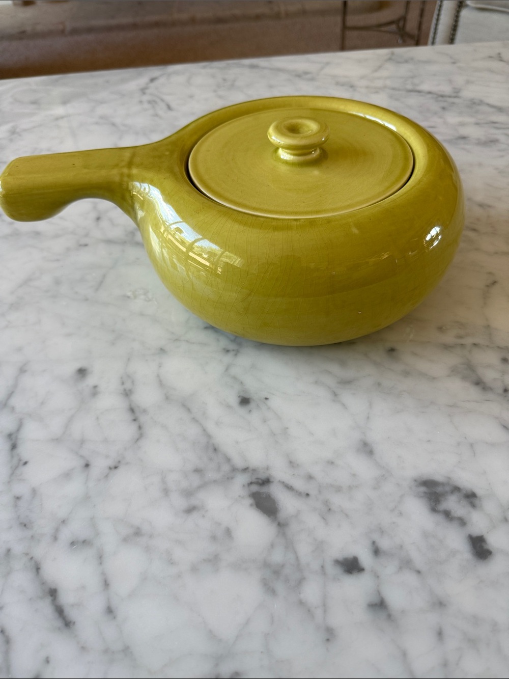 Russel Wright vintage Steubenville Ohio pottery chartreuse casserole MCM dish
